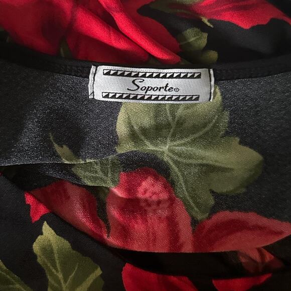 Black floral print ruffle sleeve red flowered boho work - Picture 8 of 8